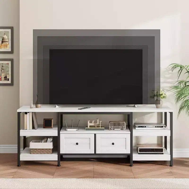 Mobile TV in stile industriale 63 - Porta TV per schermi fino a 65 pollici con 2 cassetti, ripiani aperti e struttura in metallo