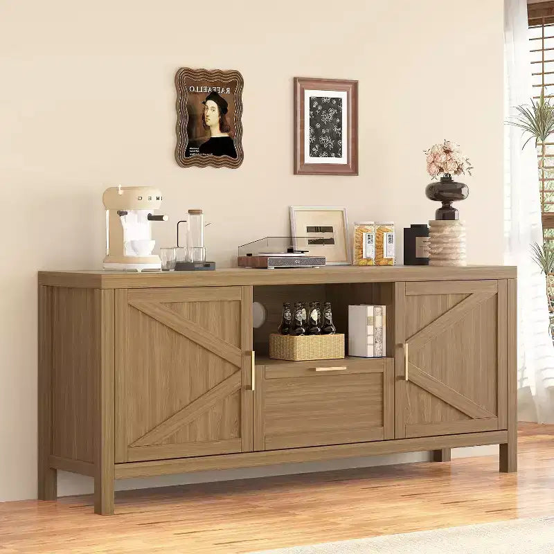 65 Inch Farmhouse TV Stand with Cabinet Door, Rustic Media Console with Adjustable Shelf & Storage for Living Room