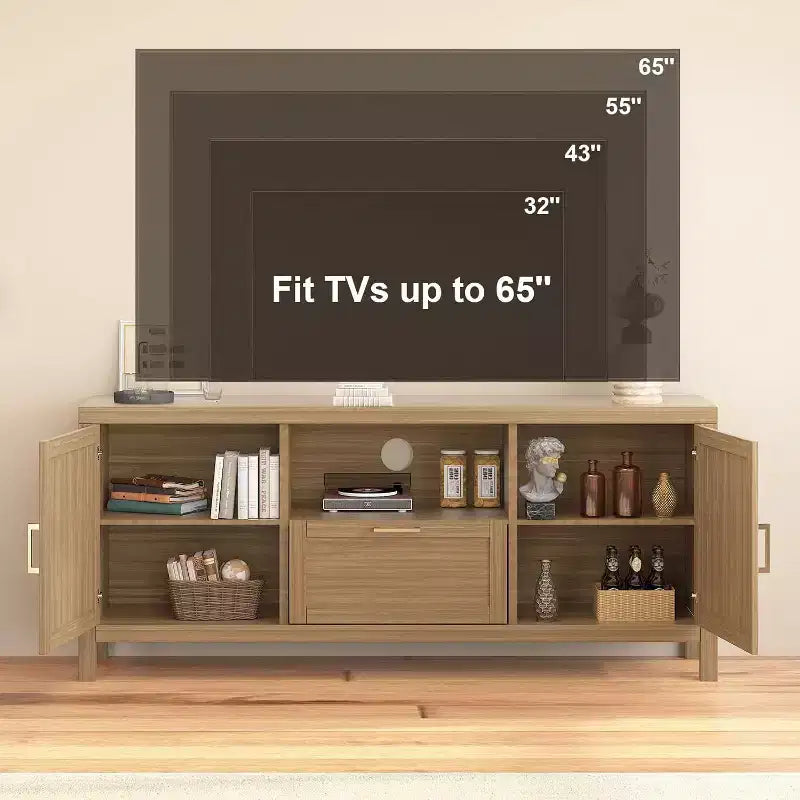 Mobile TV da 65 pollici in stile rustico con ante a mobiletto, consolle multimediale rustica con ripiano regolabile e contenitore per soggiorno