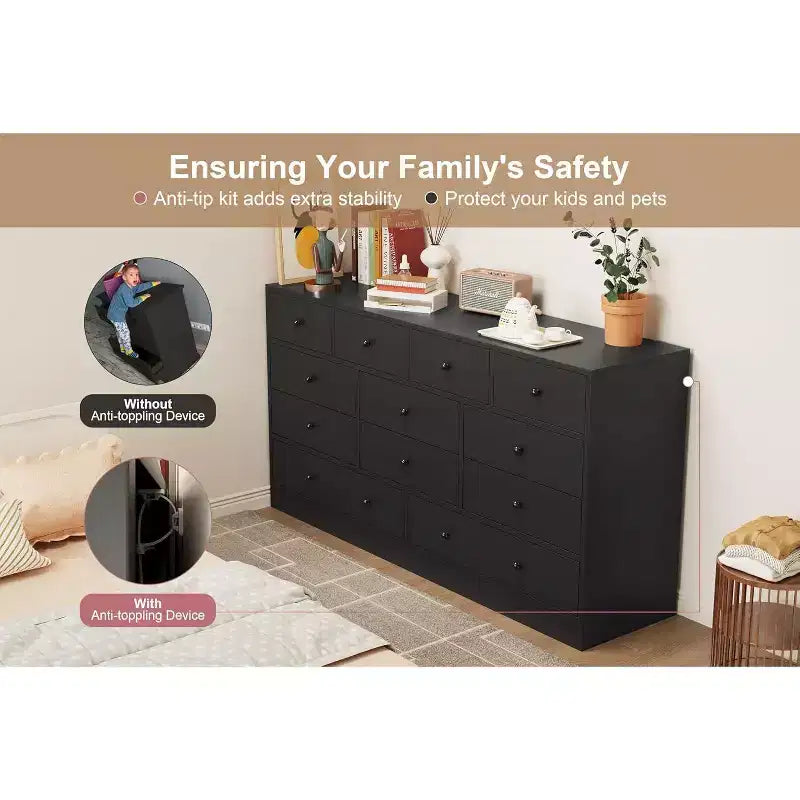 Comò a 12 cassetti, comò nero grande a 6 cassetti per camera da letto, comò e cassettiere in legno per camera da letto, soggiorno