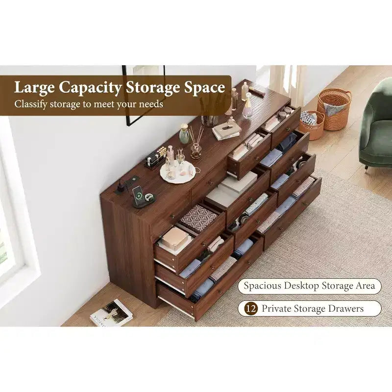 Comò a 12 cassetti, comò nero grande a 6 cassetti per camera da letto, comò e cassettiere in legno per camera da letto, soggiorno