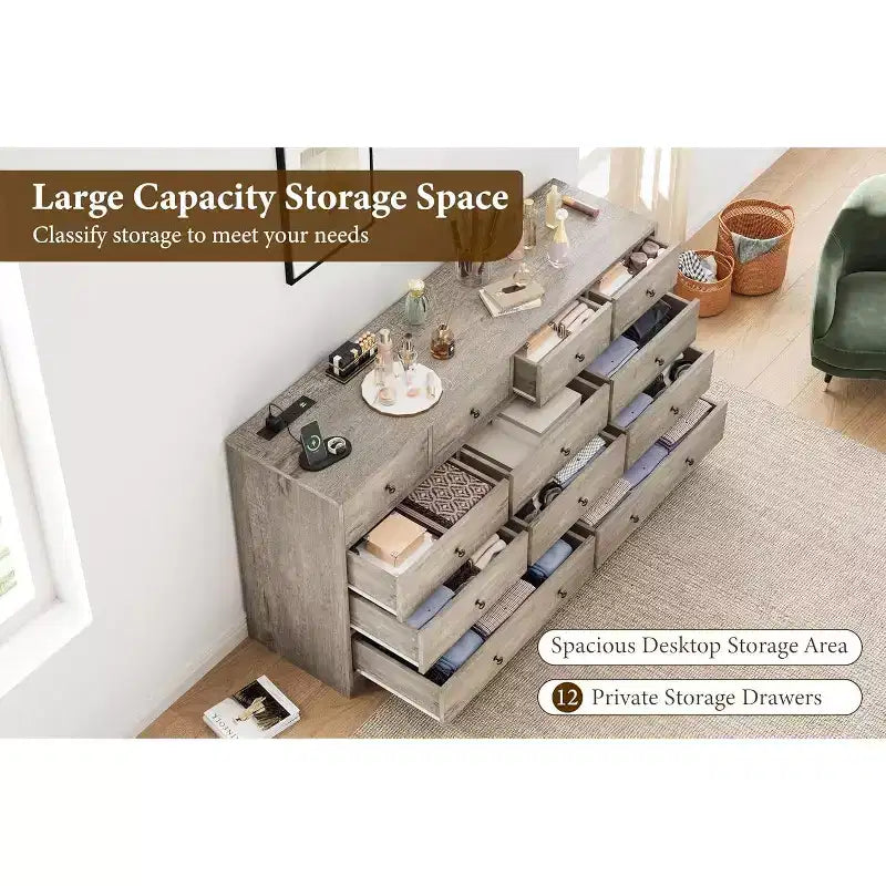 Comò a 12 cassetti, comò nero grande a 6 cassetti per camera da letto, comò e cassettiere in legno per camera da letto, soggiorno