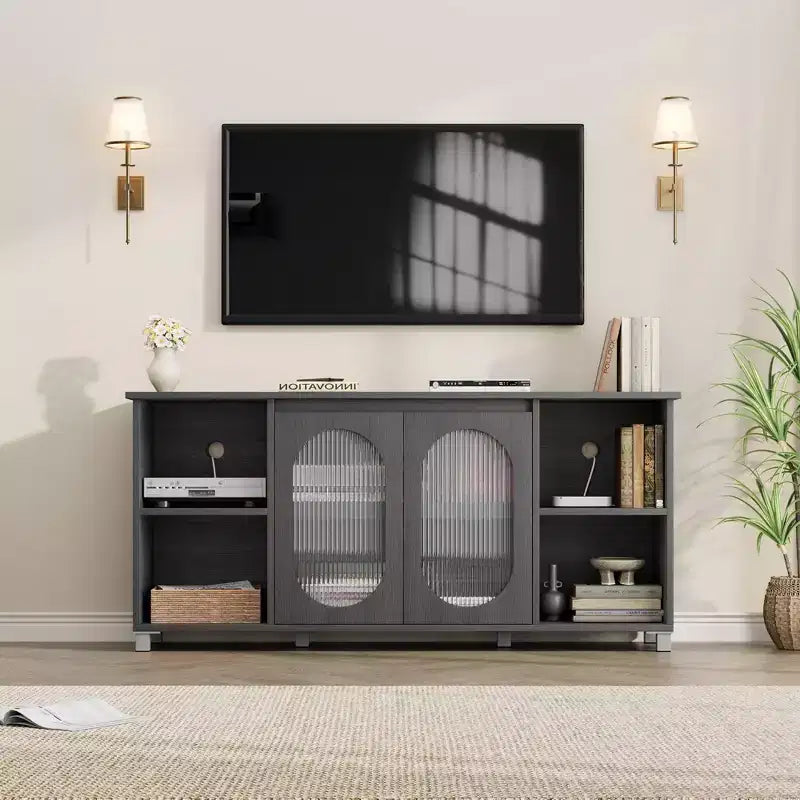 GustoWave TV Cabinet for up to 70 Inch TV, Rustic TV Stand with Corrugated Glass Doors & Open Shelves for Living Room
