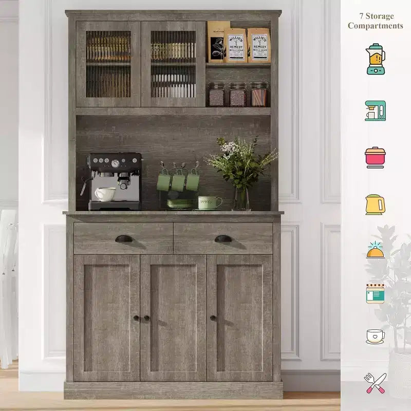 GustoWave Dispensa da cucina a 5 ante, dispensa alta 71 con supporto per microonde, credenza da cucina moderna, grigio rustico