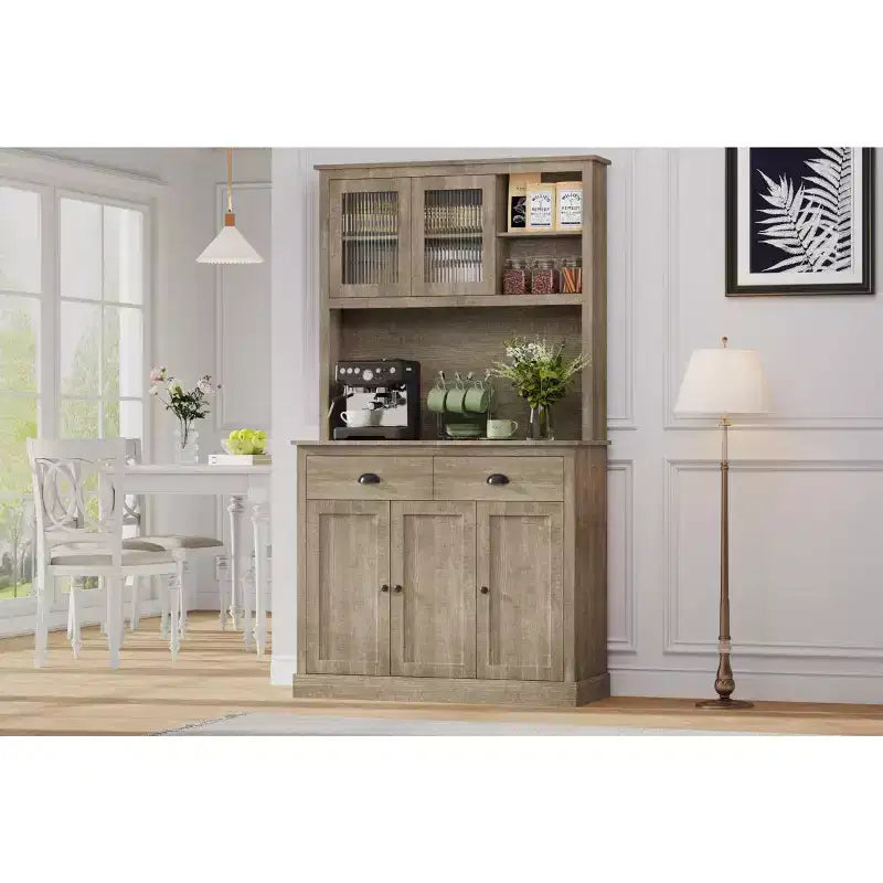 GustoWave Dispensa da cucina a 5 ante, dispensa alta 71 con supporto per microonde, credenza da cucina moderna, grigio rustico