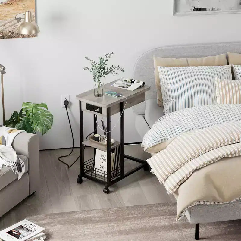 C Shaped End Table with Charging Station, Flip Top Side Table, Narrow Side Table with 3 Tier Storage Shelf, for Living Room & Bedroom
