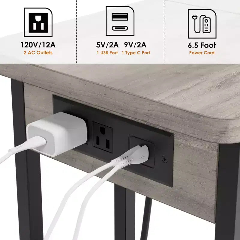 Tavolino a C con Stazione di Ricarica, Tavolino Laterale Ribaltabile, Tavolino Stretto con Ripiano Portaoggetti a 3 Livelli, per Soggiorno e Camera da Letto