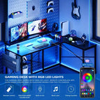 Scrivania a L reversibile da 54 pollici, scrivania angolare per computer, supporto per monitor, prese di corrente, luci LED, per casa, ufficio, camera da letto