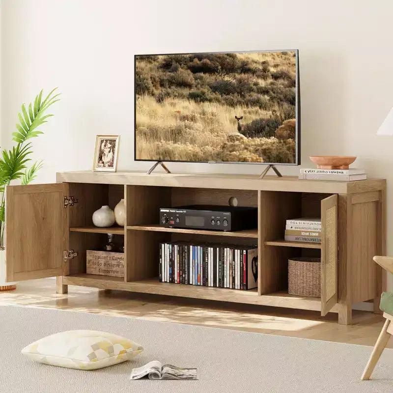 Mobile TV GustoWave Boho, Mobile TV in Rattan con Ripiani Regolabili e Contenitore, Rovere Naturale