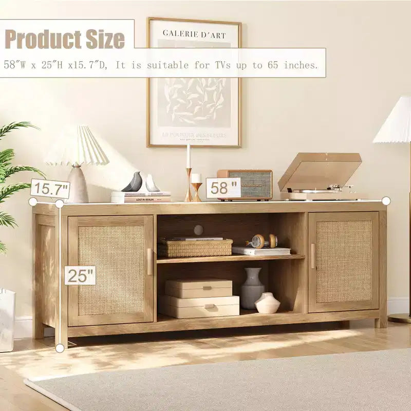 Mobile TV GustoWave Boho, Mobile TV in Rattan con Ripiani Regolabili e Contenitore, Rovere Naturale