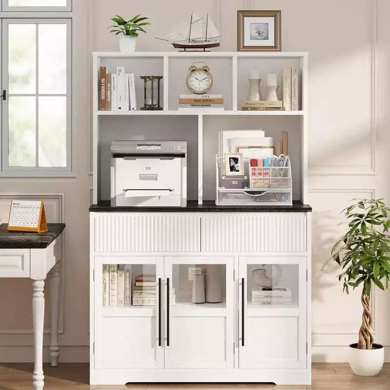 Mobile dispensa alto 70" per cucina, armadietti contenitori con cassetto e 2 ante in vetro e 3 ripiani, mobiletto a pavimento per cucina, ufficio, soggiorno, sala da pranzo