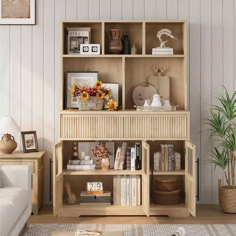 Mobile dispensa alto 70" per cucina, armadietti contenitori con cassetto e 2 ante in vetro e 3 ripiani, mobiletto a pavimento per cucina, ufficio, soggiorno, sala da pranzo