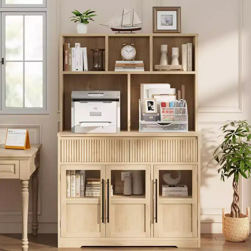Mobile dispensa alto 70" per cucina, armadietti contenitori con cassetto e 2 ante in vetro e 3 ripiani, mobiletto a pavimento per cucina, ufficio, soggiorno, sala da pranzo