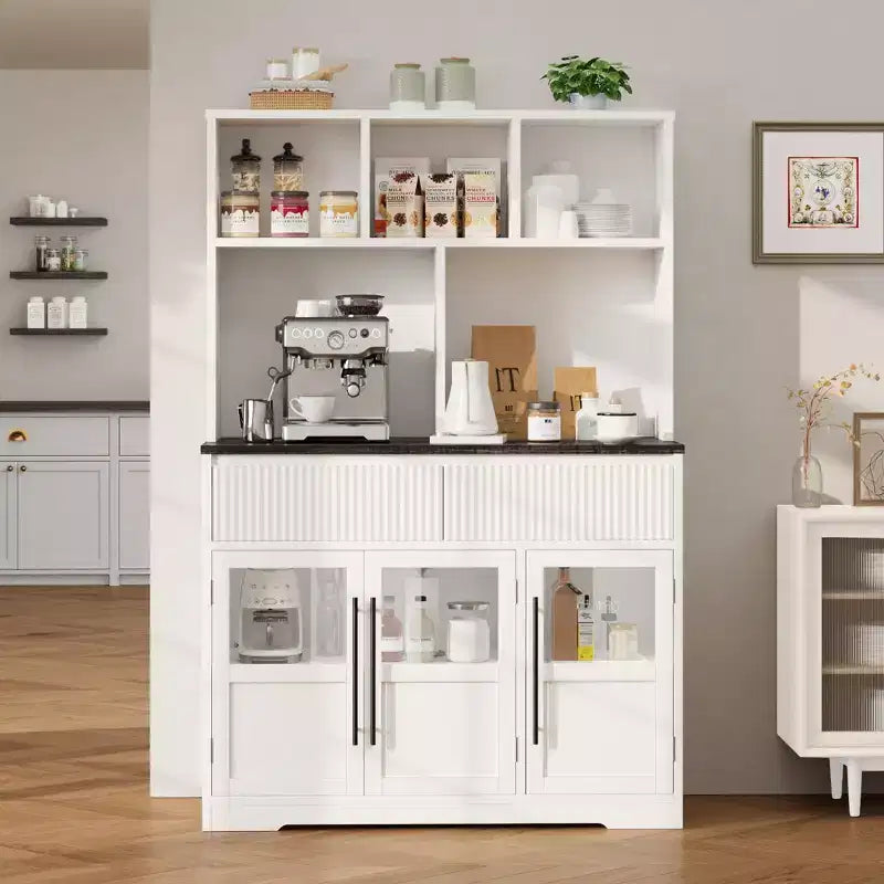 Mobile dispensa alto 70" per cucina, armadietti contenitori con cassetto e 2 ante in vetro e 3 ripiani, mobiletto a pavimento per cucina, ufficio, soggiorno, sala da pranzo