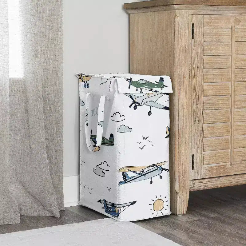 Cesto portabiancheria pieghevole con manici Sweet Jojo Designs per bambino, motivo aereo vintage verde, blu e giallo