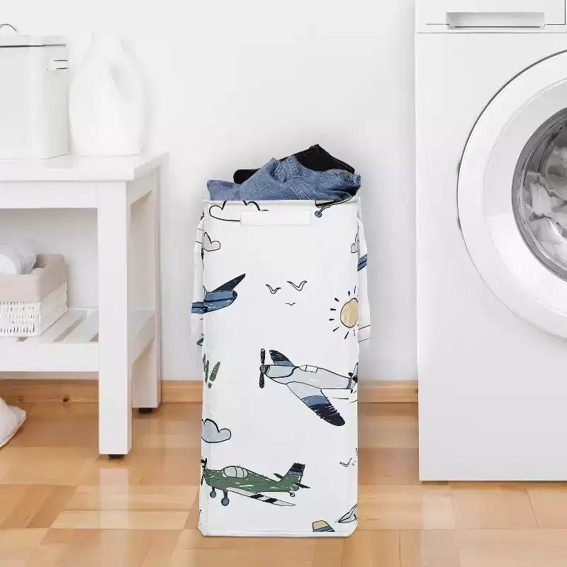Cesto portabiancheria pieghevole con manici Sweet Jojo Designs per bambino, motivo aereo vintage verde, blu e giallo