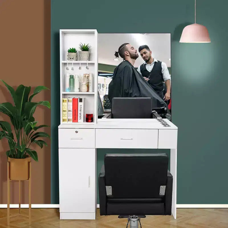 Karl Home Stazione da Barbiere a Parete Nera e Rossa con 2 Cassetti, 1 Mobiletto, 3 Ripiani Aperti e Specchio