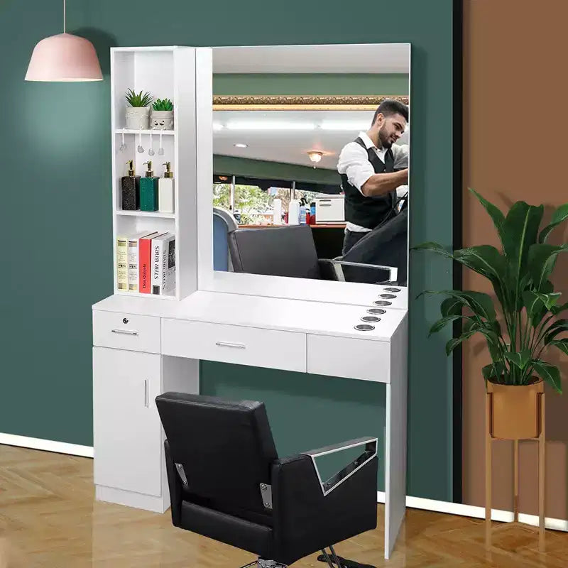 Karl Home Stazione da Barbiere a Parete Nera e Rossa con 2 Cassetti, 1 Mobiletto, 3 Ripiani Aperti e Specchio
