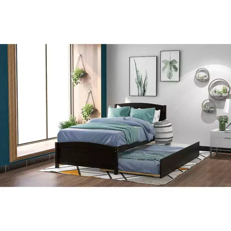 Letto a piattaforma singolo con letto estraibile, color espresso