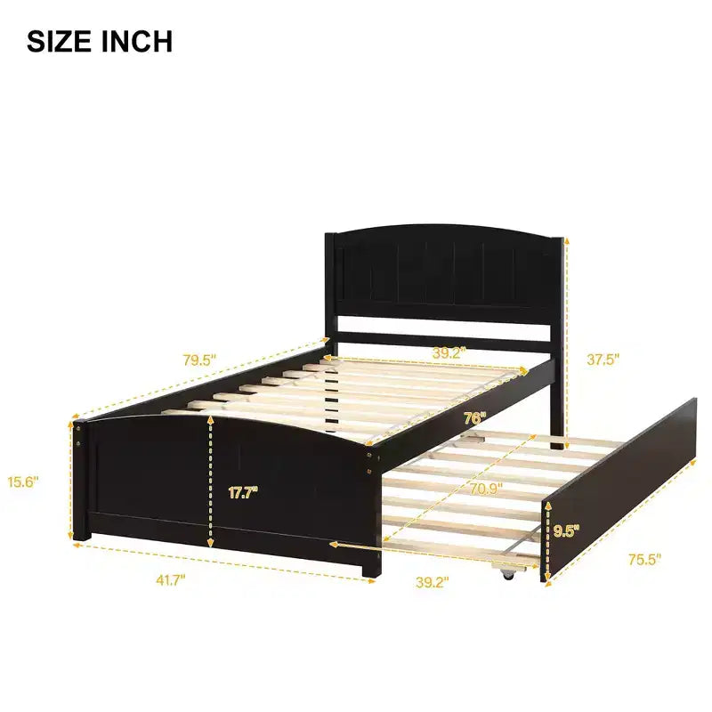 Letto a piattaforma singolo con letto estraibile, color espresso