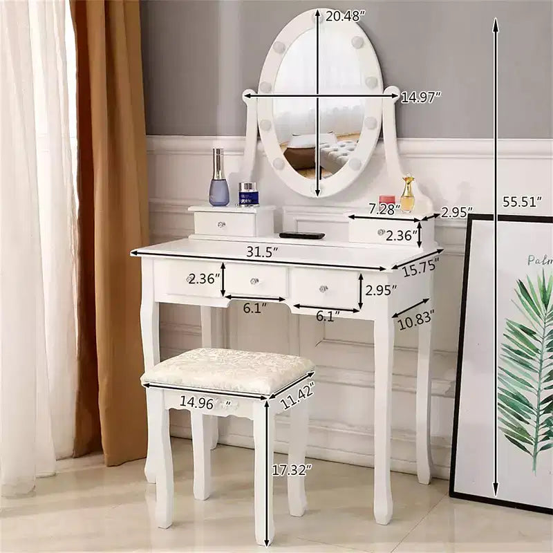 Comò a 5 cassetti con specchio singolo e lampadina per accessori domestici