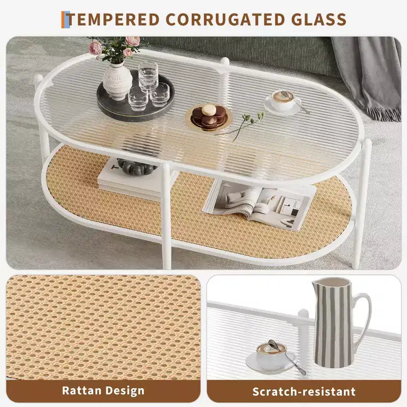 Tavolino da Caffè in Rattan da 37 pollici, Tavolino Centrale Ovale a 2 Livelli in Legno con Piano in Vetro Temperato, Tavolino da Cocktail per Soggiorno Camera da Letto Ufficio