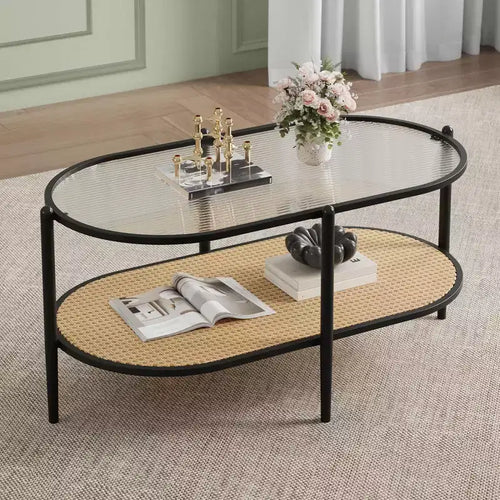Tavolino da Caffè in Rattan da 37 pollici, Tavolino Centrale Ovale a 2 Livelli in Legno con Piano in Vetro Temperato, Tavolino da Cocktail per Soggiorno Camera da Letto Ufficio
