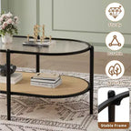 Tavolino da Caffè in Rattan da 37 pollici, Tavolino Centrale Ovale a 2 Livelli in Legno con Piano in Vetro Temperato, Tavolino da Cocktail per Soggiorno Camera da Letto Ufficio