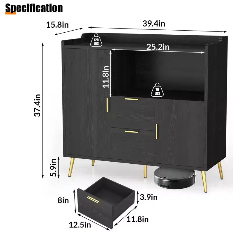 Mobile da Cucina a Microonde da 40 pollici, Credenza a Buffet, Mobile Contenitore, Mobile Bar per Caffè con Ripiani Regolabili, 2 Cassetti e 2 Ante, per la Casa