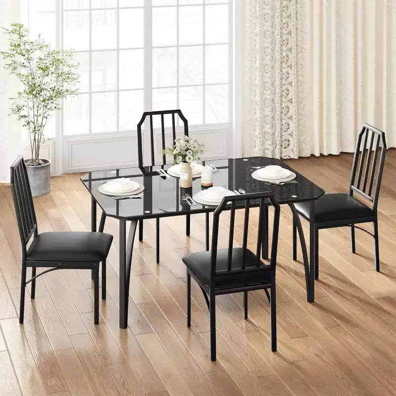Set Tavolo da Pranzo in Vetro, Tavolo e Sedie da Cucina con Design Smussato, Set Tavolo da Pranzo a 3/5 Pezzi con Sedute Imbottite