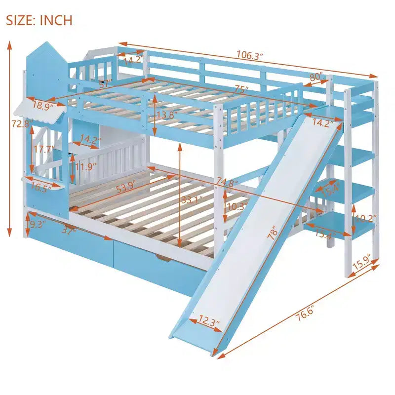 Letto a Castello Completo-su-Completo Stile Castello con 2 Cassetti, 3 Ripiani e Scivolo - Blu