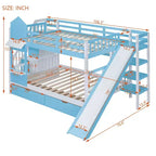 Letto a Castello Completo-su-Completo Stile Castello con 2 Cassetti, 3 Ripiani e Scivolo - Blu