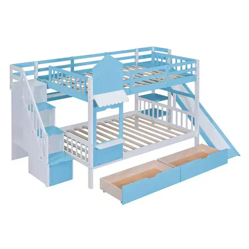 Letto a Castello Completo-su-Completo Stile Castello con 2 Cassetti, 3 Ripiani e Scivolo - Blu