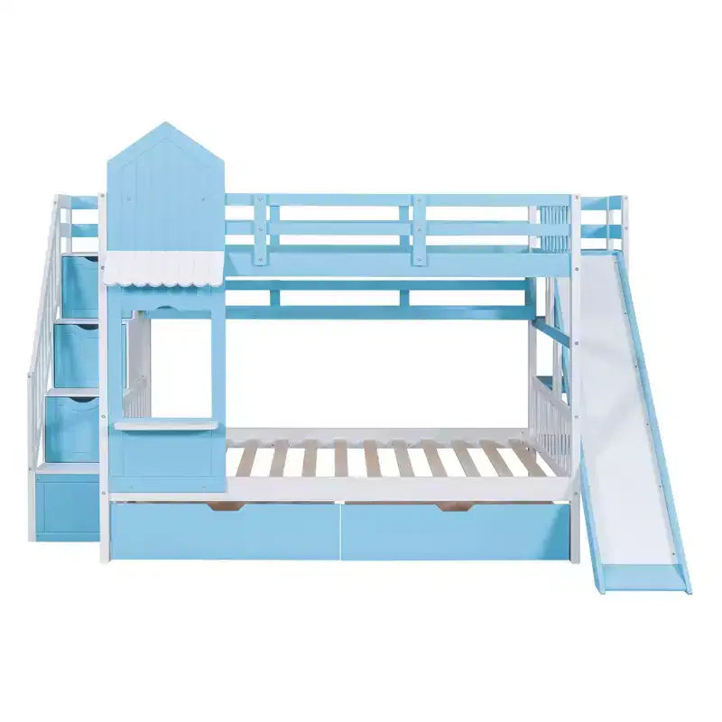 Letto a Castello Completo-su-Completo Stile Castello con 2 Cassetti, 3 Ripiani e Scivolo - Blu