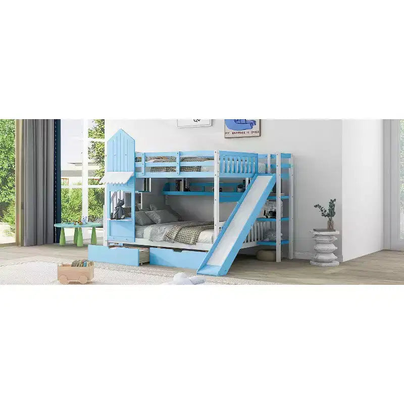 Letto a Castello Completo-su-Completo Stile Castello con 2 Cassetti, 3 Ripiani e Scivolo - Blu