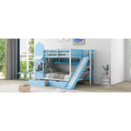 Letto a Castello Completo-su-Completo Stile Castello con 2 Cassetti, 3 Ripiani e Scivolo - Blu