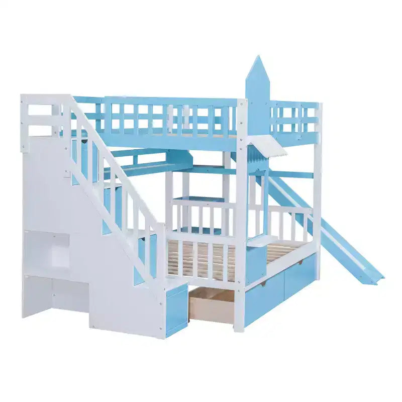 Letto a Castello Completo-su-Completo Stile Castello con 2 Cassetti, 3 Ripiani e Scivolo - Blu