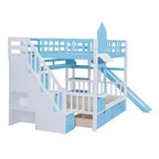 Letto a Castello Completo-su-Completo Stile Castello con 2 Cassetti, 3 Ripiani e Scivolo - Blu
