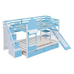 Letto a Castello Completo-su-Completo Stile Castello con 2 Cassetti, 3 Ripiani e Scivolo - Blu