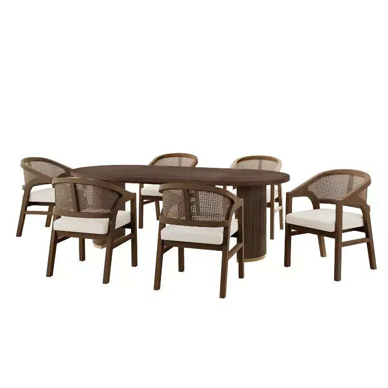 Christopher Knight Home Ilumia Set da 7 Pezzi Rustico in Rattan e Gomma, Sedie da Pranzo Imbottite con Tavolo Ovale a Doppio Basamento
