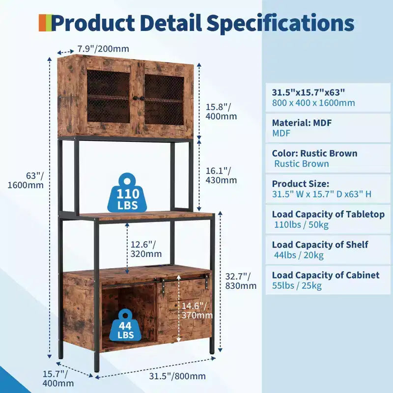 GustoWave Scaffale da cucina a 5 ripiani con armadietti e stazione di ricarica, supporto industriale per microonde da 63 pollici, scaffali a colonna autoportanti