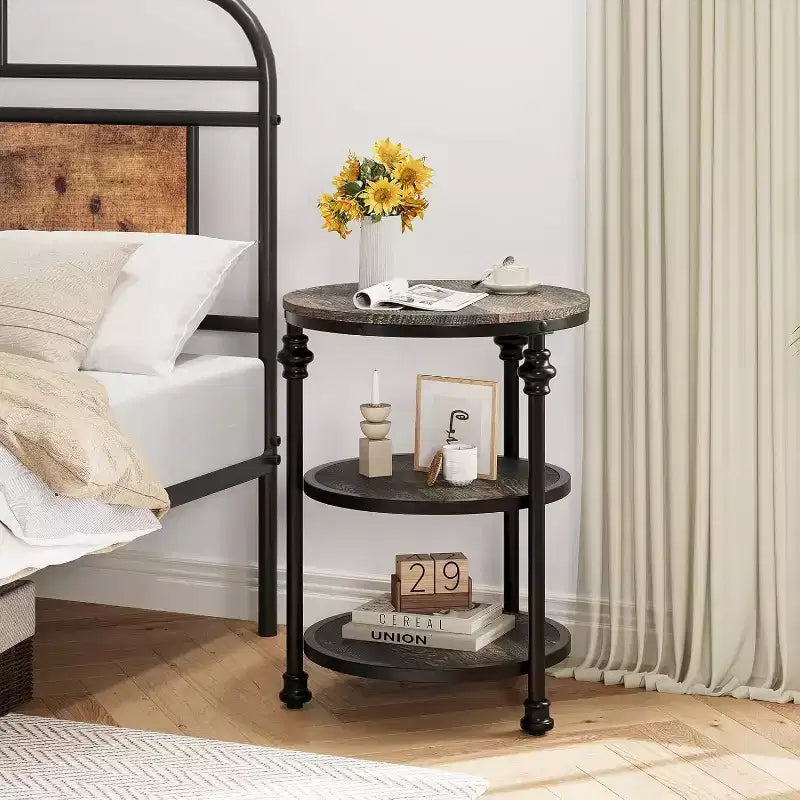 Tavolino rotondo a 3 livelli Acekool con struttura in acciaio, comodino multi-livello per camera da letto e soggiorno