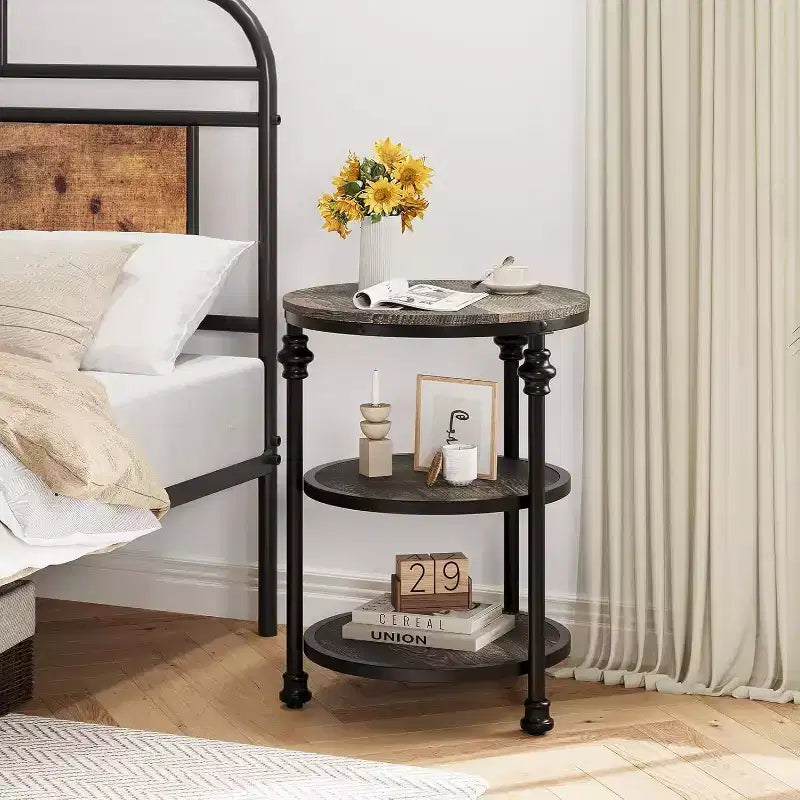 Tavolino rotondo a 3 livelli Acekool con struttura in acciaio, comodino multi-livello per camera da letto e soggiorno