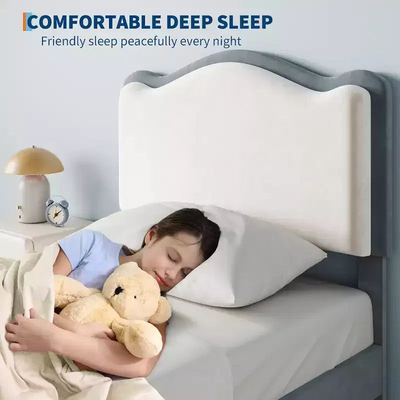 Struttura letto singolo imbottita con cassetto portaoggetti e testiera smerlata, telai letto a piattaforma Princess per bambini e bambine, supporto con doghe in legno