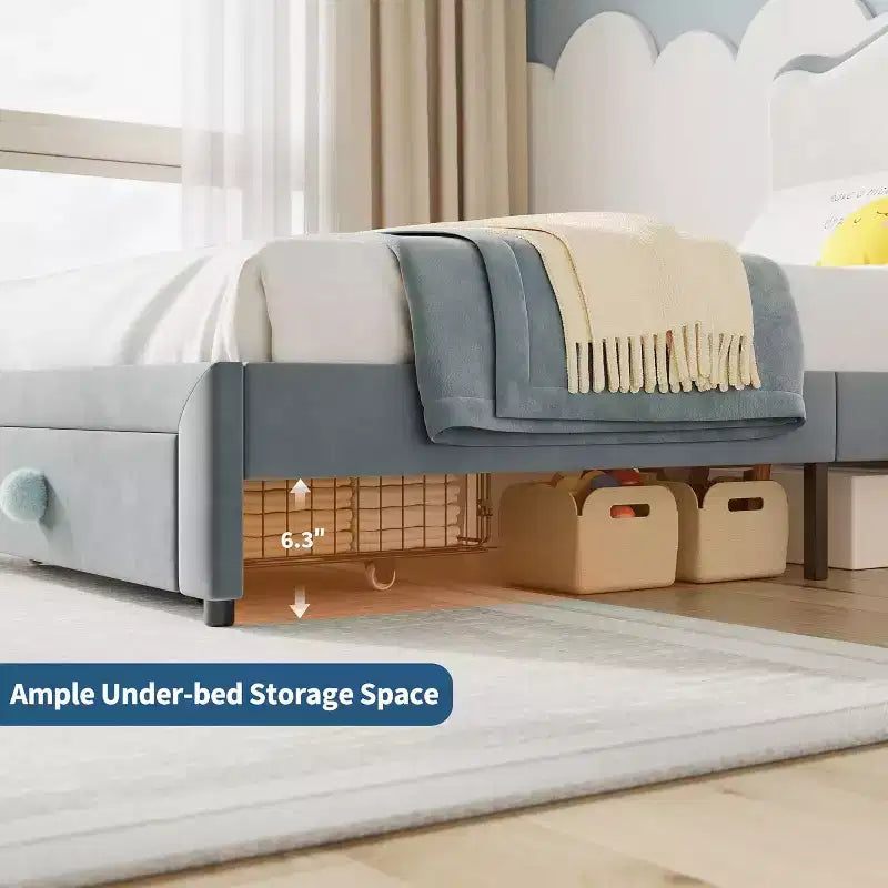 Struttura letto singolo imbottita con cassetto portaoggetti e testiera smerlata, telai letto a piattaforma Princess per bambini e bambine, supporto con doghe in legno