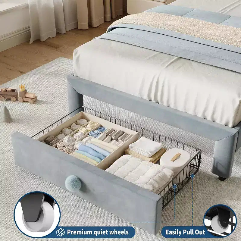 Struttura letto singolo imbottita con cassetto portaoggetti e testiera smerlata, telai letto a piattaforma Princess per bambini e bambine, supporto con doghe in legno