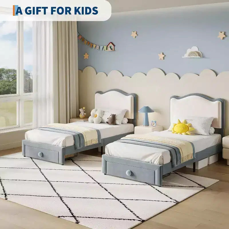 Struttura letto singolo imbottita con cassetto portaoggetti e testiera smerlata, telai letto a piattaforma Princess per bambini e bambine, supporto con doghe in legno