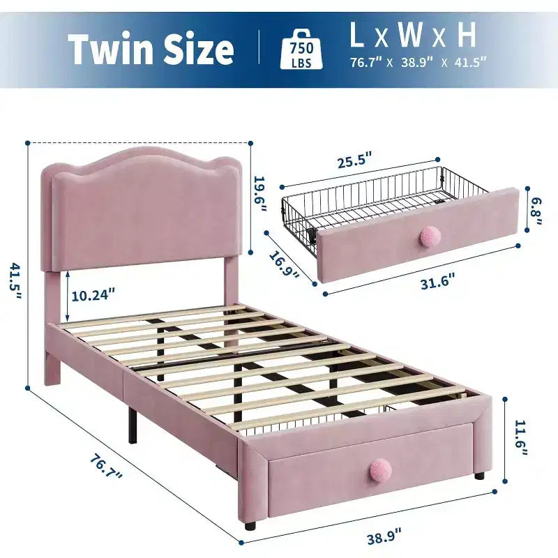 Struttura letto singolo imbottita con cassetto portaoggetti e testiera smerlata, telai letto a piattaforma Princess per bambini e bambine, supporto con doghe in legno
