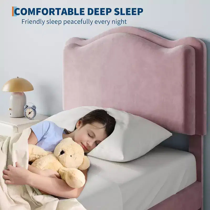 Struttura letto singolo imbottita con cassetto portaoggetti e testiera smerlata, telai letto a piattaforma Princess per bambini e bambine, supporto con doghe in legno