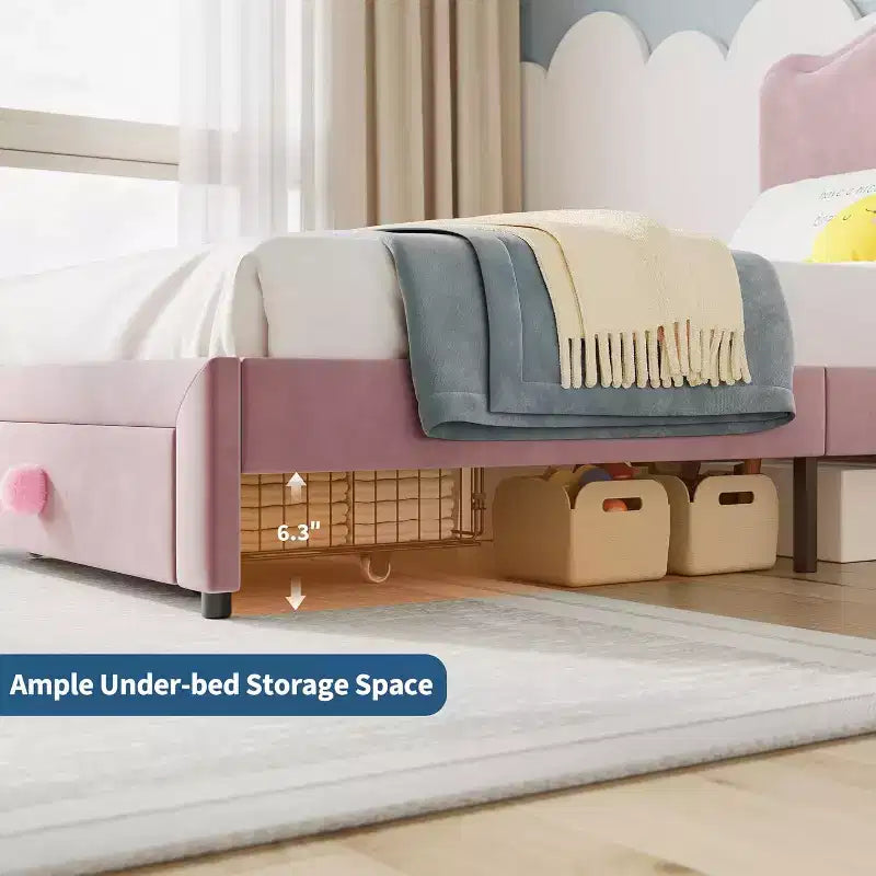 Struttura letto singolo imbottita con cassetto portaoggetti e testiera smerlata, telai letto a piattaforma Princess per bambini e bambine, supporto con doghe in legno
